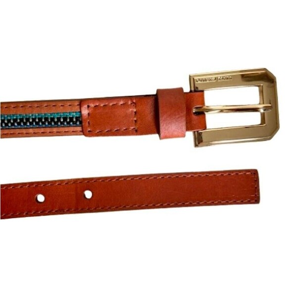 Vince Camuto Skinny Belt Tan Brown Faux Vegan Leather Blue Tapestry Inset - Picture 3 of 11